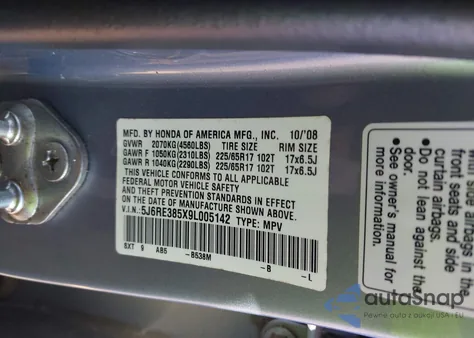 2009 Honda Cr-V Ex z USA, uszkodzony, nr VIN 5J6RE385X9L005142